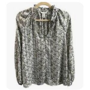 H&M‎ Floral Blouse Long Sleeve Ruffle Neckline Sheer Top Medium